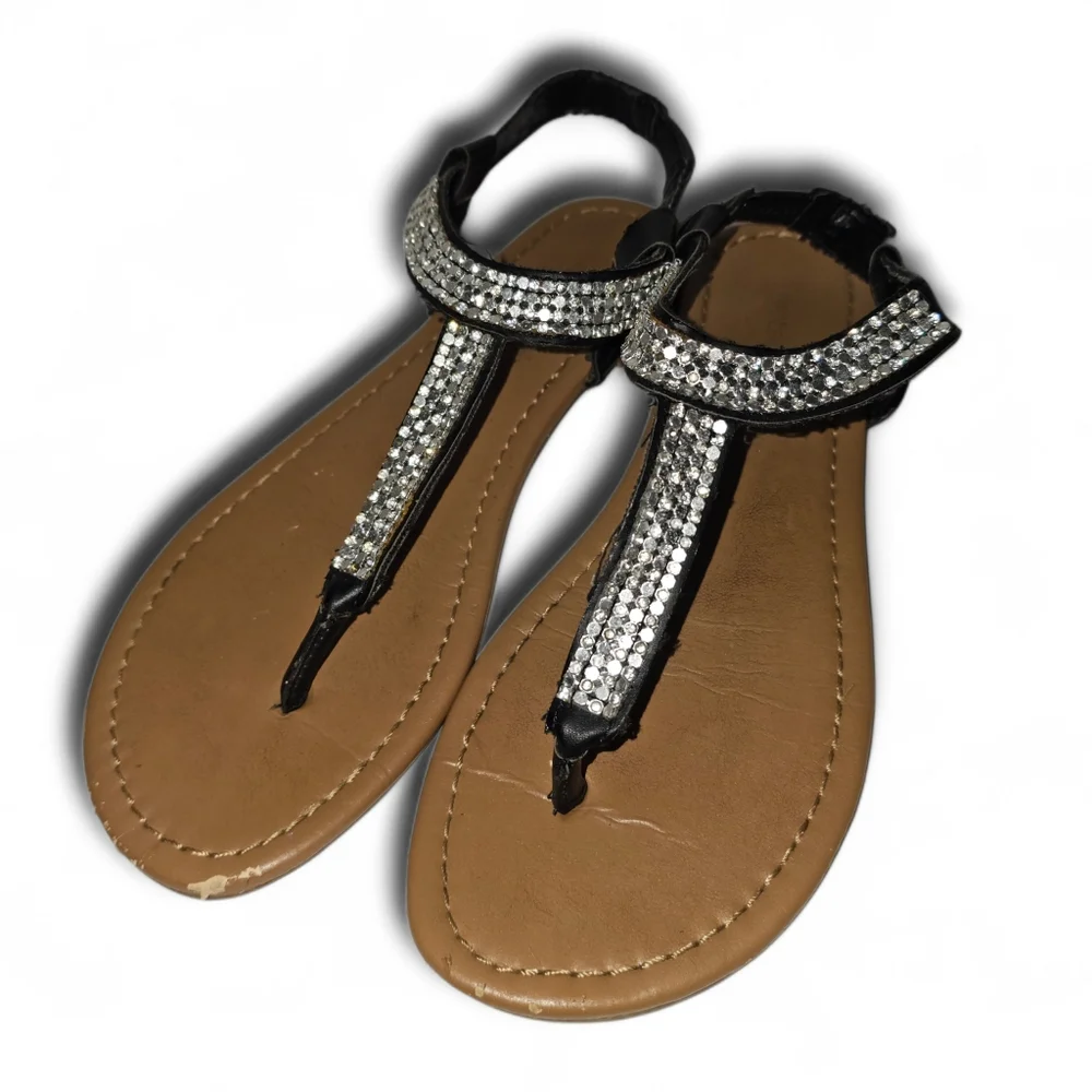 Montego Bay Club Black Rhinestone T-Strap‎ Sandals Size 6.5